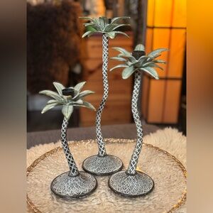 Vintage Palm Tree Candleholders Set of 3 • Heavy Cast Metal • Tropical Luxe 🌴